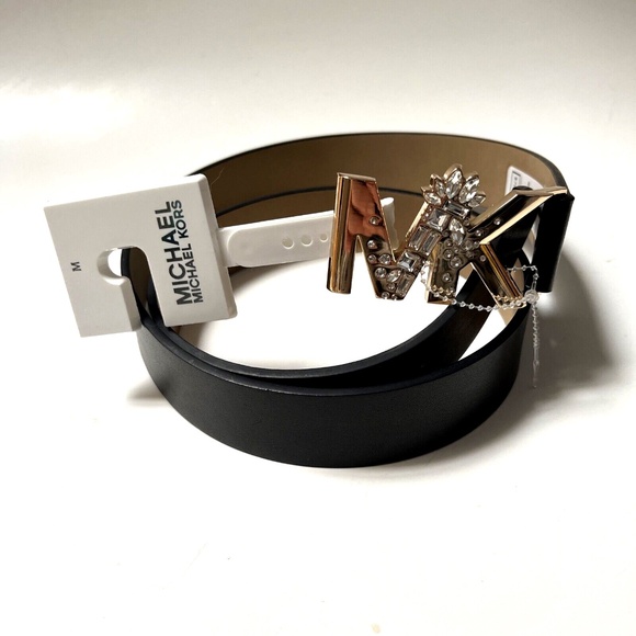 NWT Original MICHAEL KORS Bejeweled Studded Belt Medium Rhinestones Gold Black - Picture 2 of 6